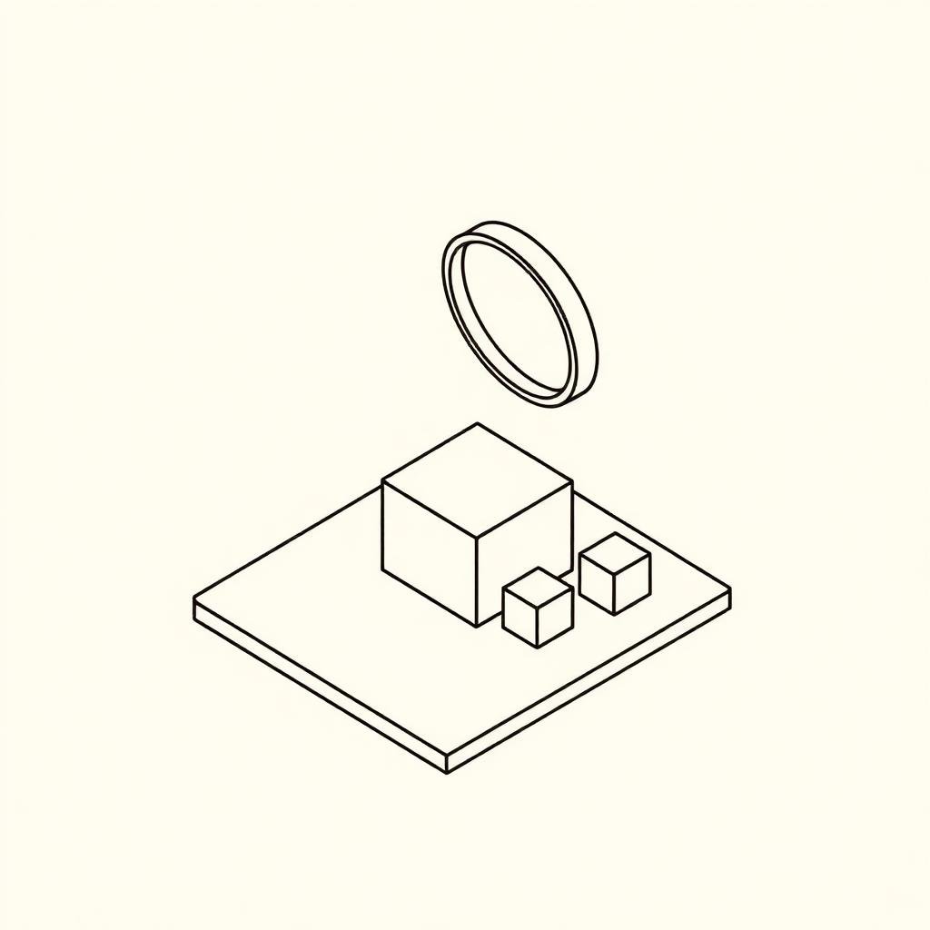 Isometric line drawing of a lens hovering above cubes on a flat plate