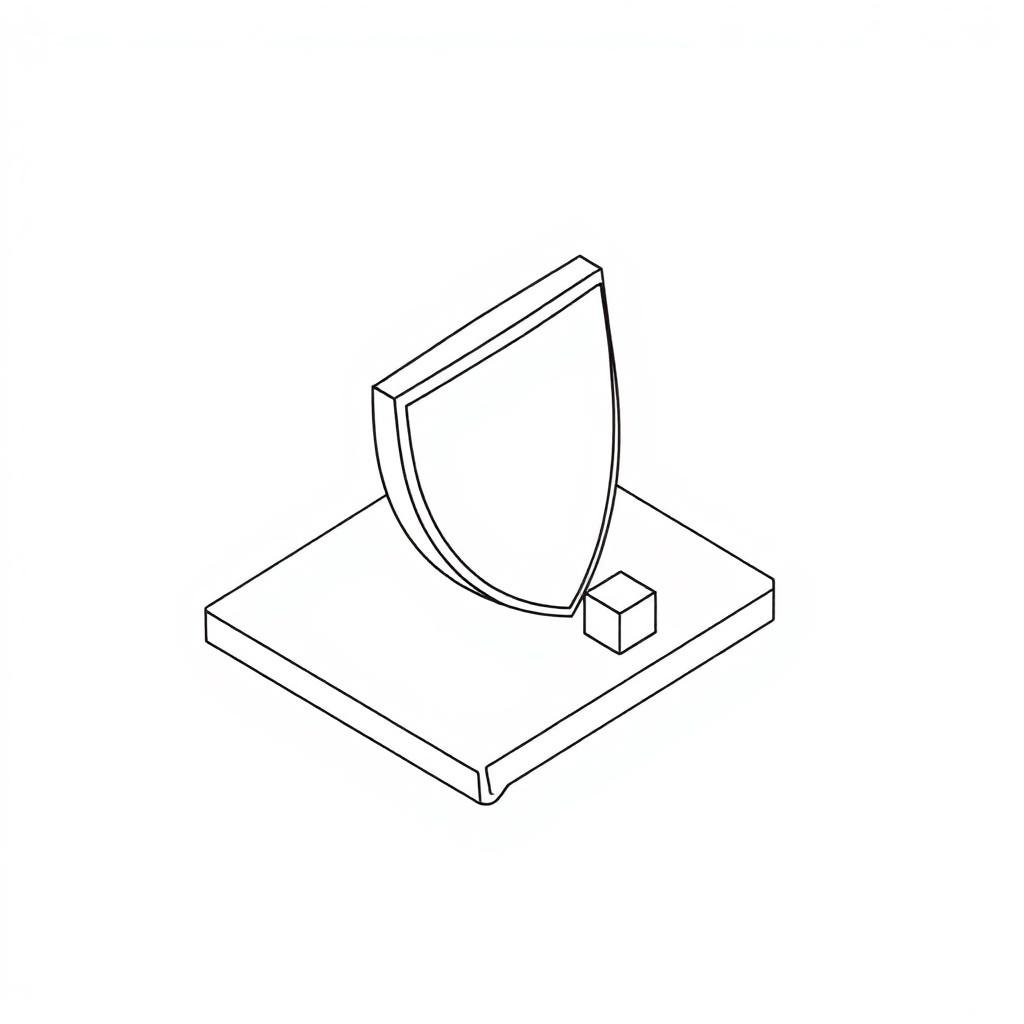 Isometric line drawing of a shield on a flat plate with a single cube rejected beside it