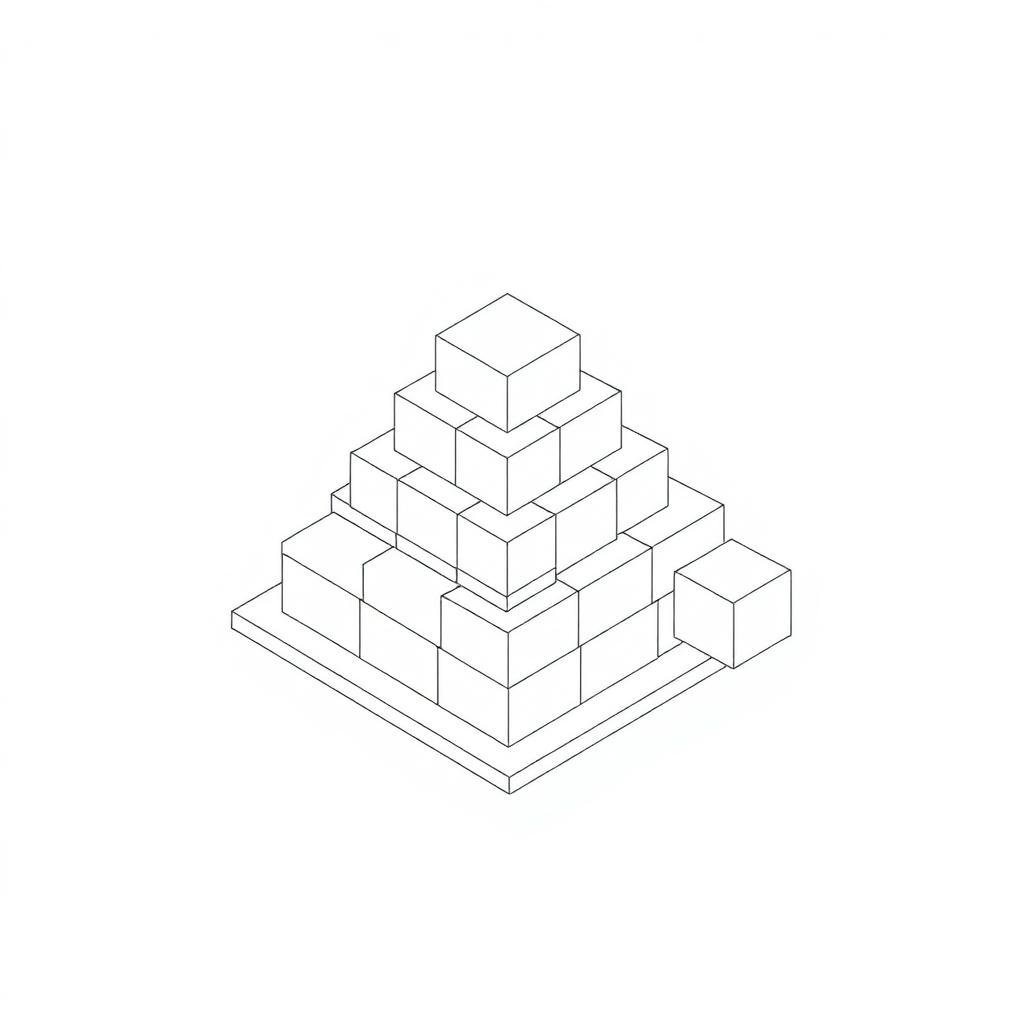 Isometric line drawing of a stepped pyramid of cubes with one cube separated to the side