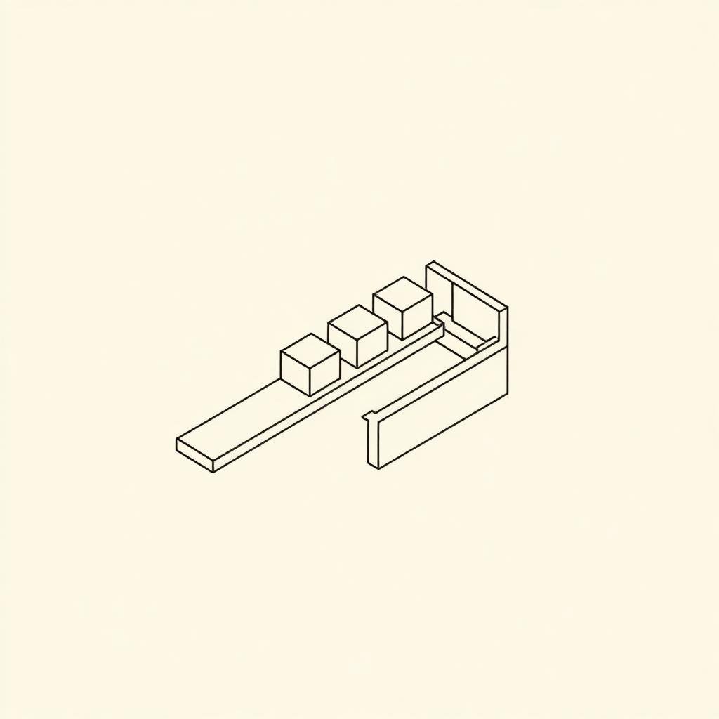 Isometric line drawing of cubes travelling along a conveyor belt into an open crate